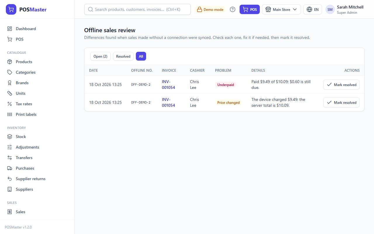 The Offline sales review page
