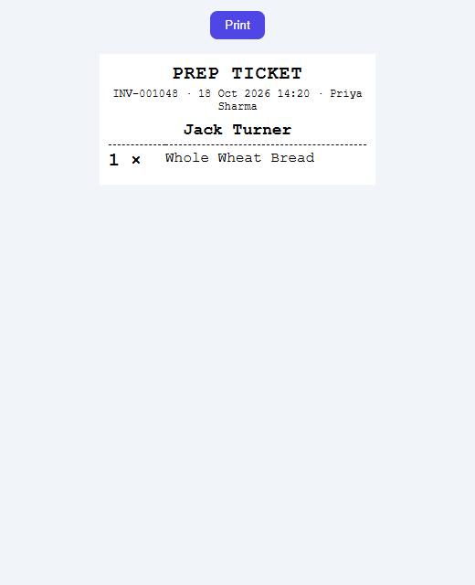 A prep ticket: items and notes, no prices