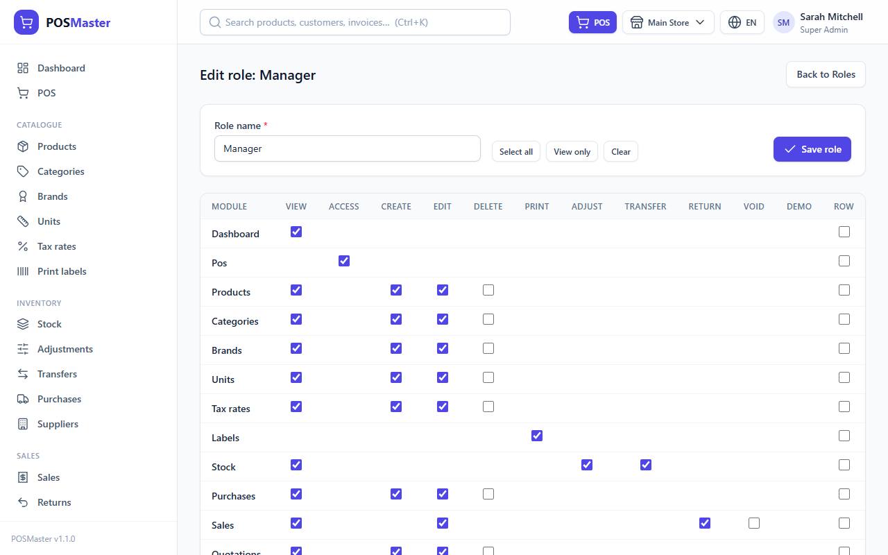 Role form with the permission matrix