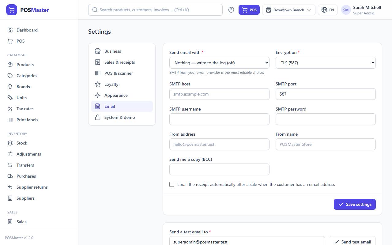 Settings, Email tab